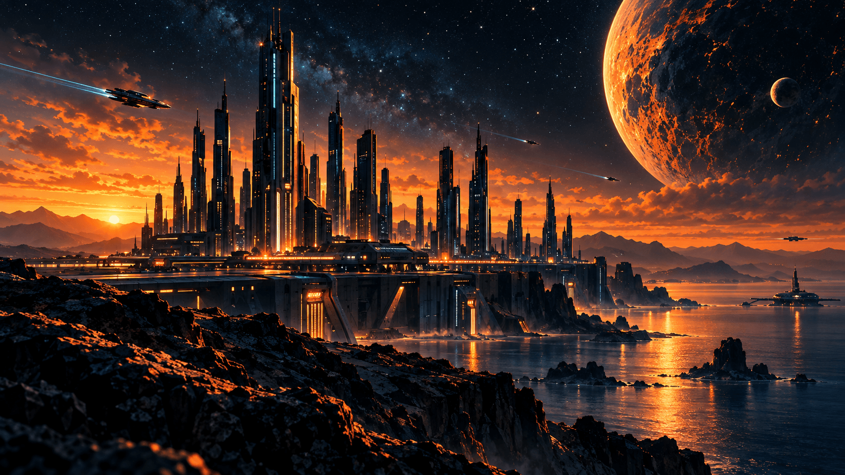 Concept illustration of a futuristic city at sunset