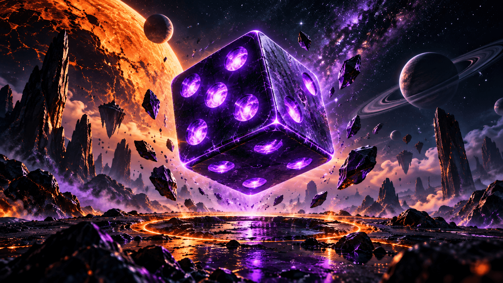 Concept illustration of a luminous violet die in space