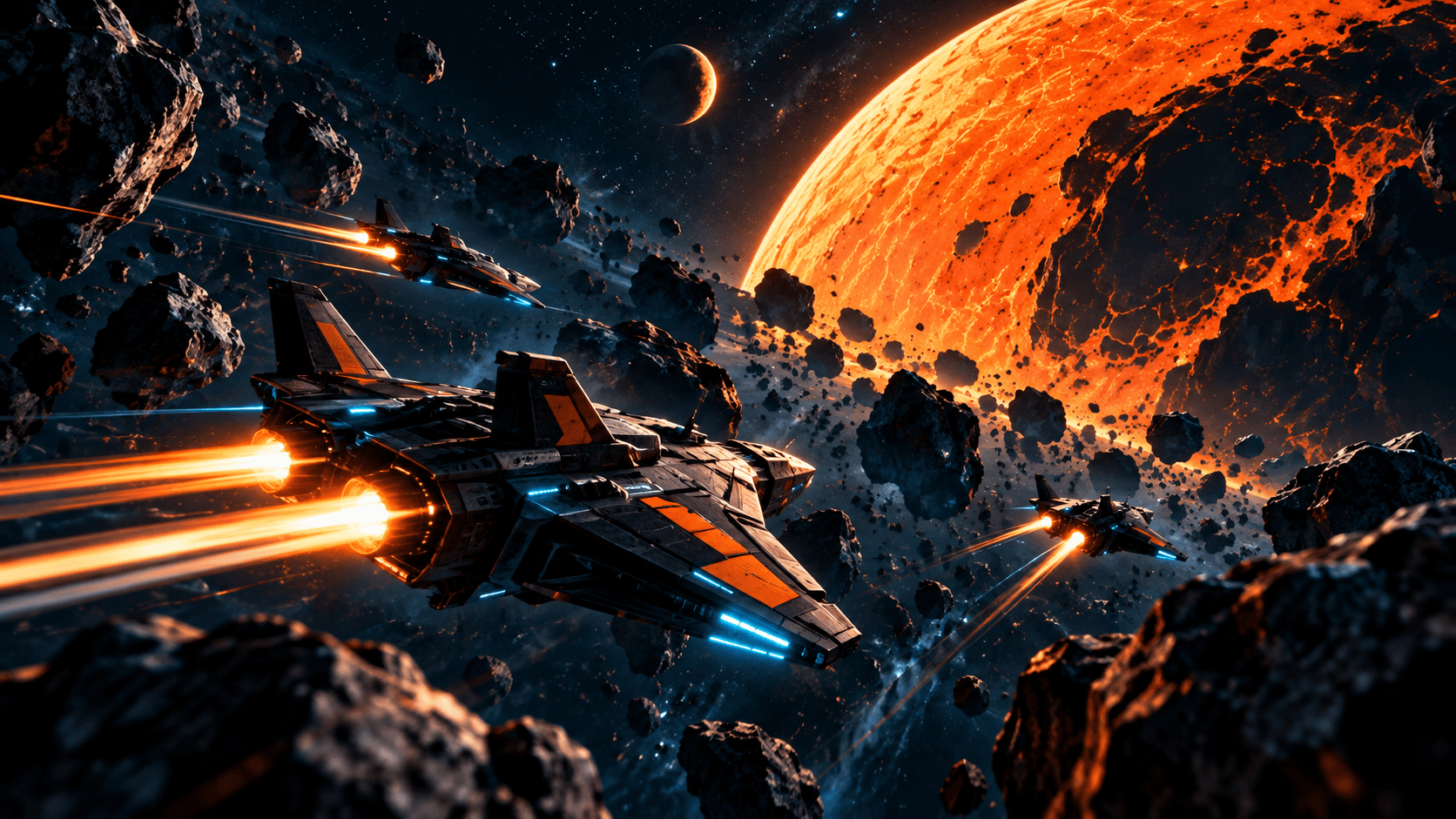 Concept illustration of spacecraft navigating an asteroid field