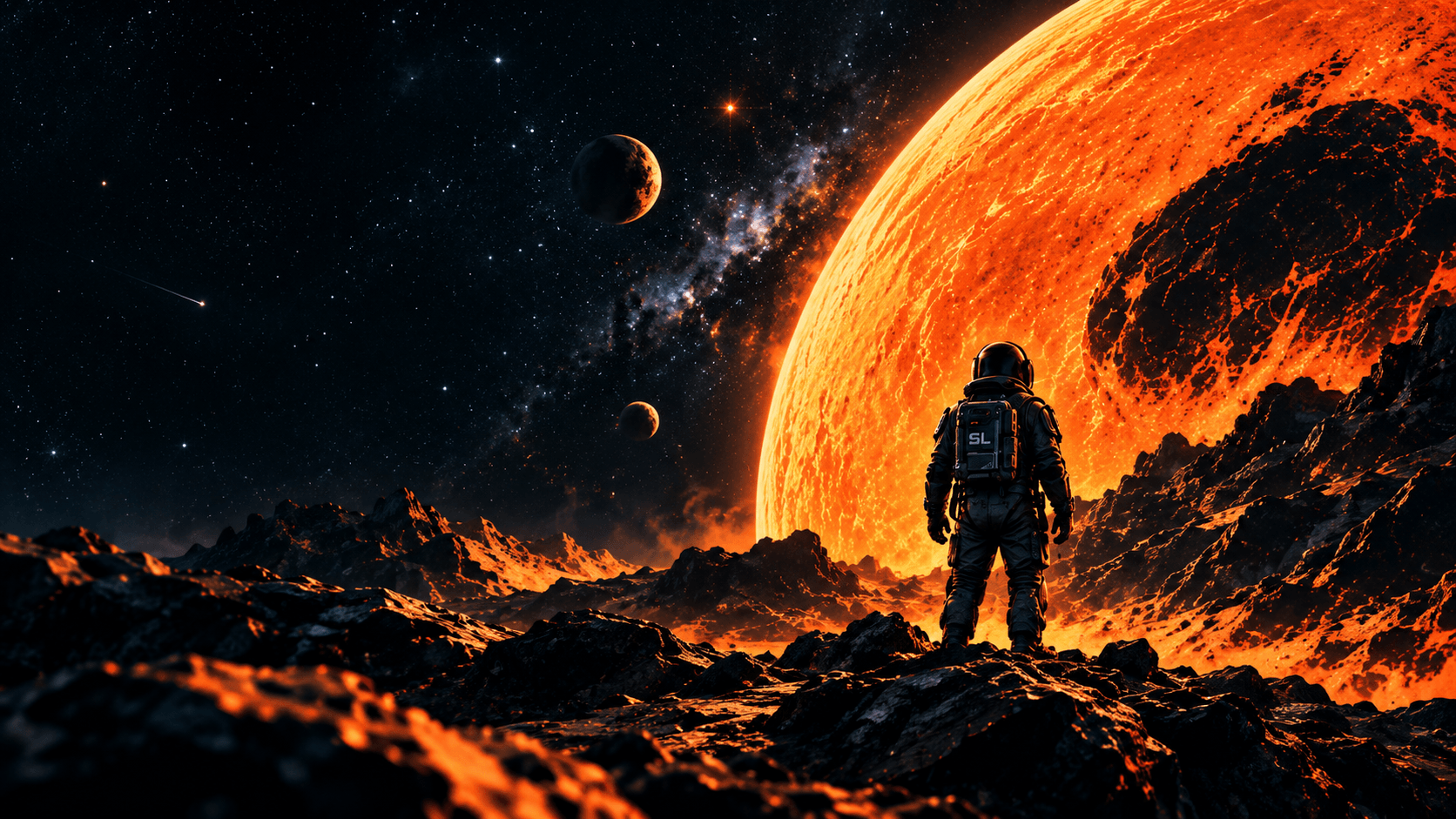 An astronaut on a rocky world faces an enormous molten orange sun