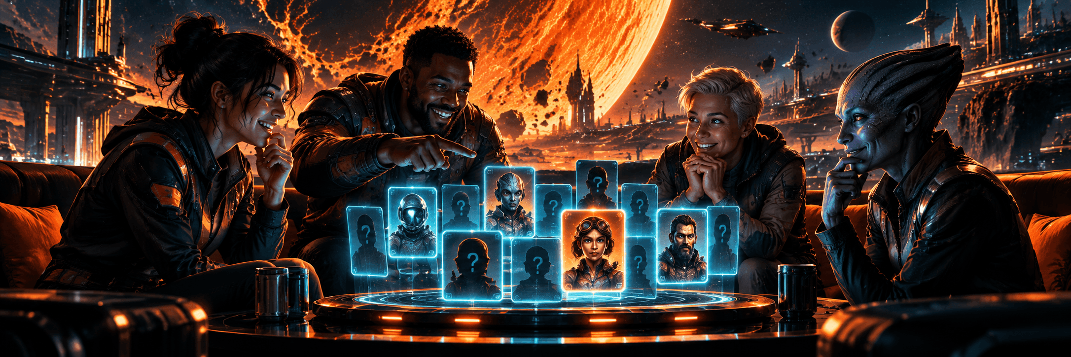 Concept illustration: Friends playing a holographic character guessing game