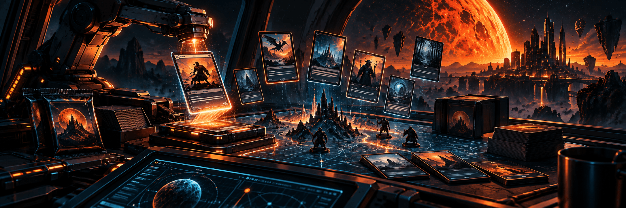 Concept illustration: A futuristic drafting console assembling fantasy trading cards