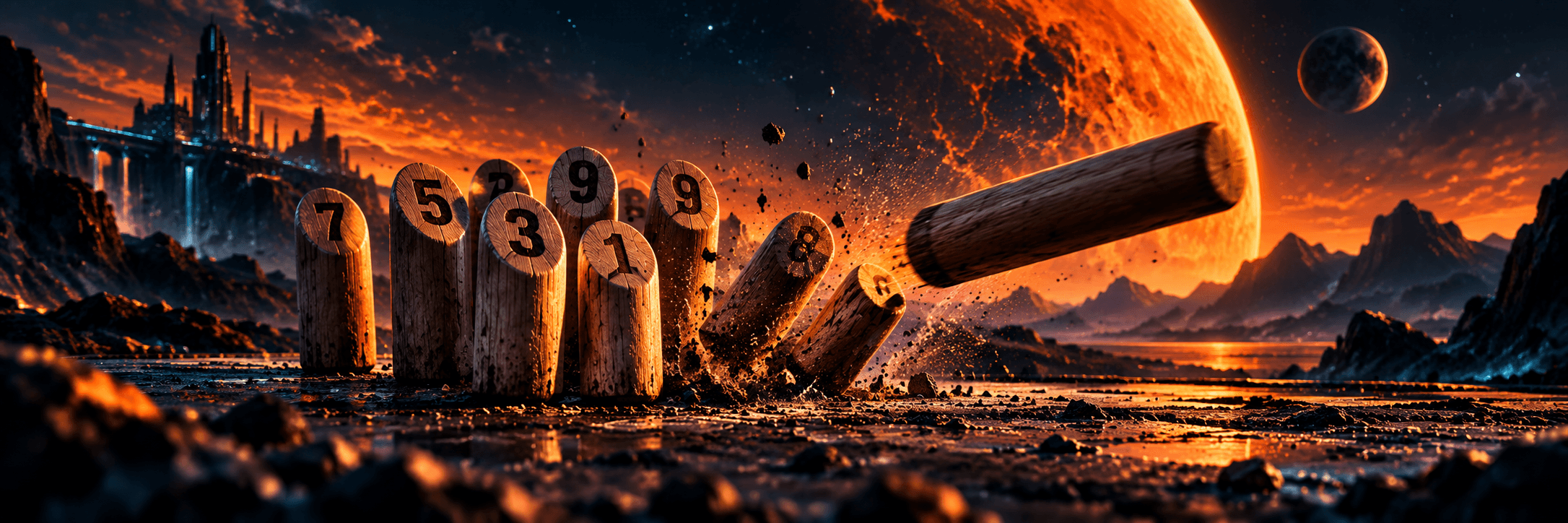 Concept illustration: Wooden throwing-game pins on an alien playing field