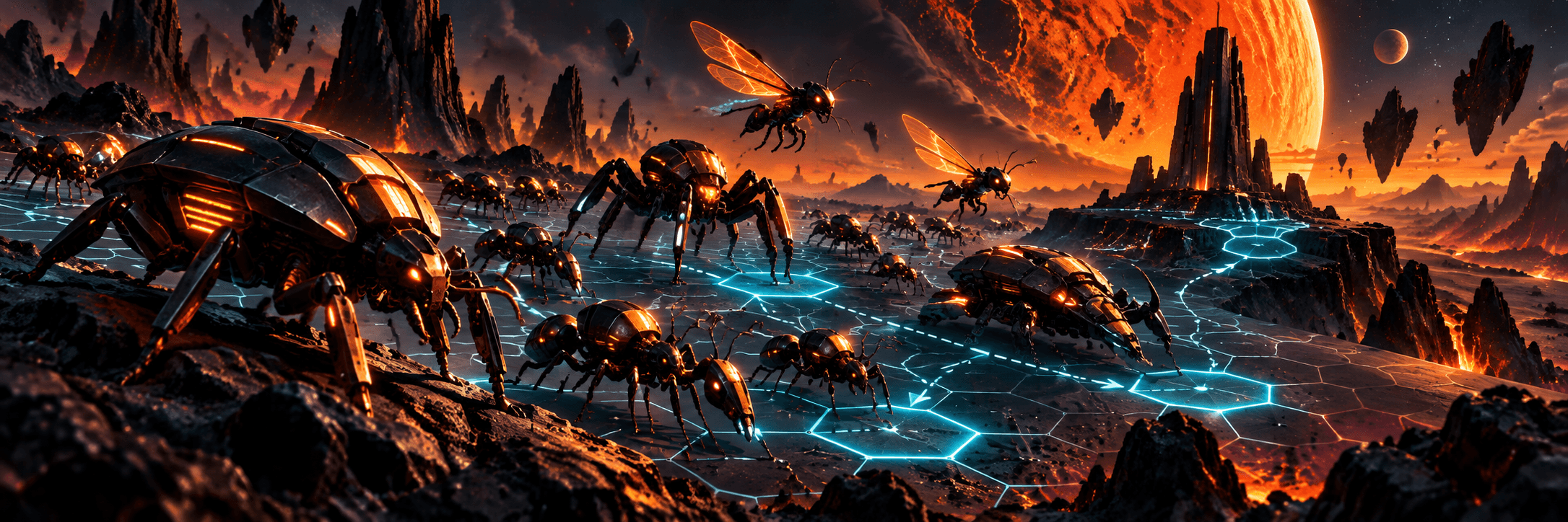 Concept illustration: Insect pieces on a glowing hex-grid battlefield